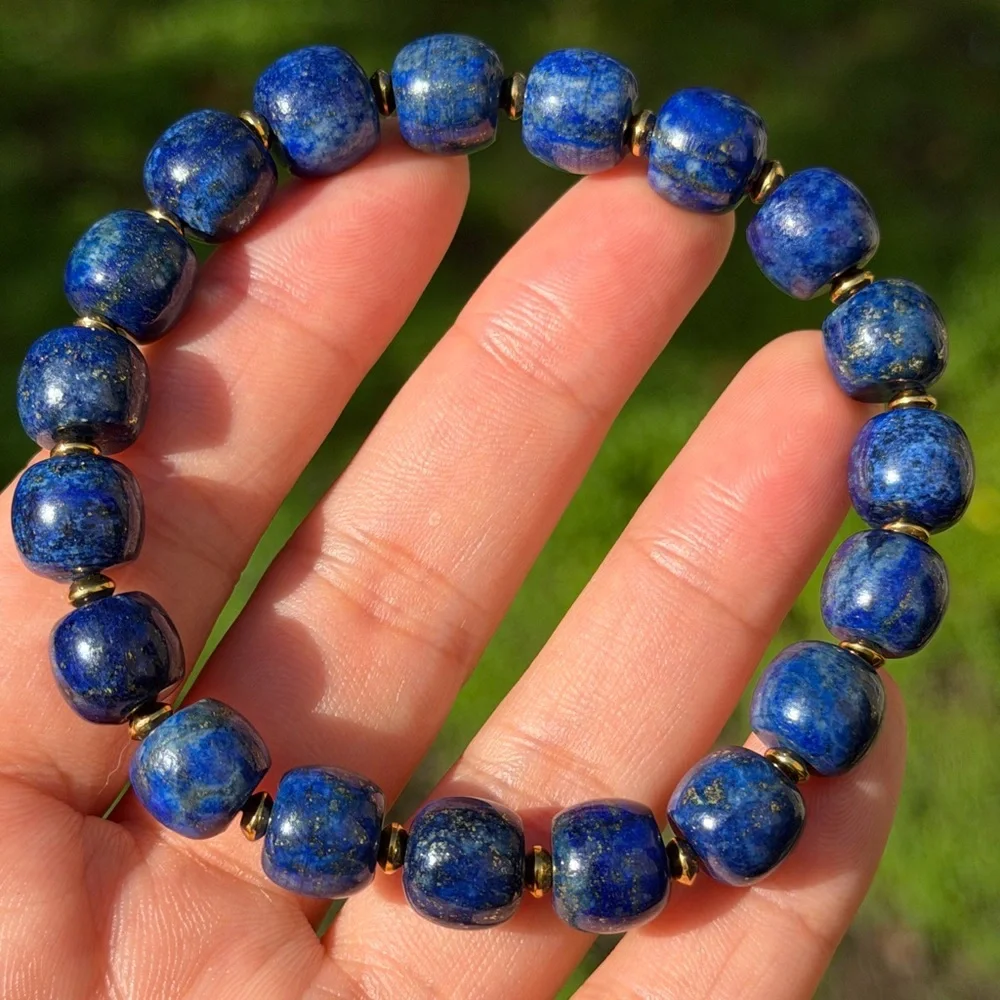 10mm stretchable stainless steel‎ blue lapis barrel shape bracelet 0808